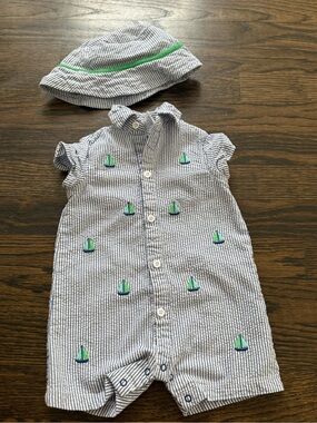 Little Me Blue and White Seersucker Sailboat Romper with Hat 9mths